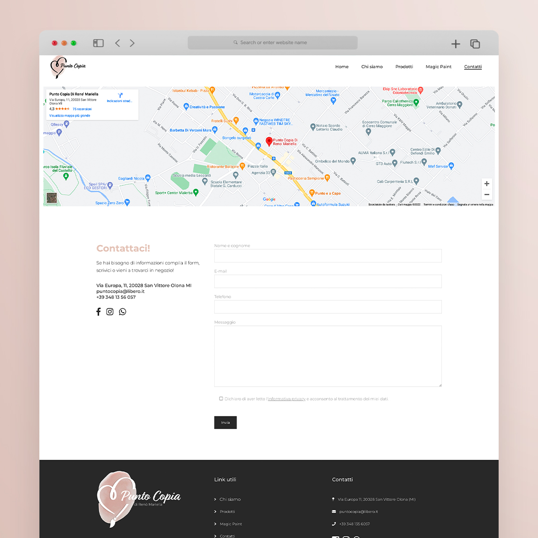 Pagina Contatti del sito web di Punto Copia realizzato da Visidea